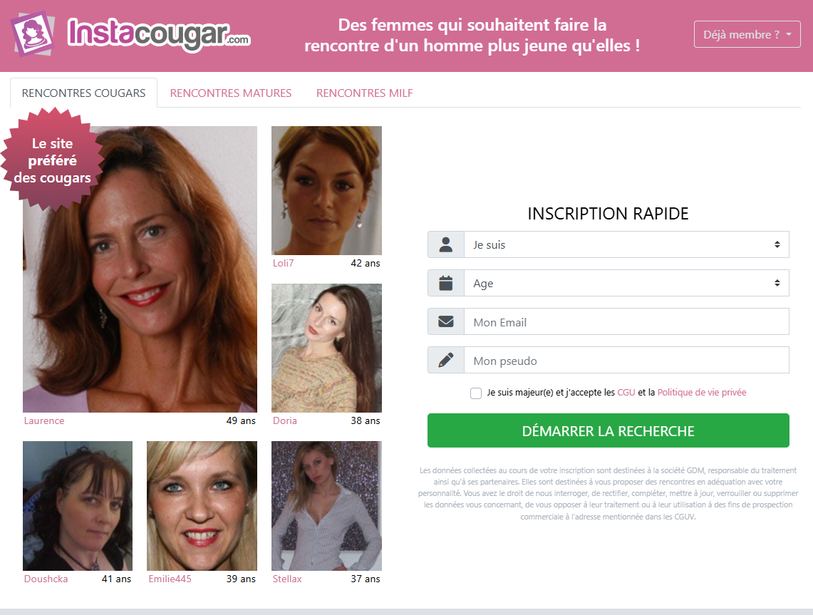 Page d'accueil du site officiel InstaCougar